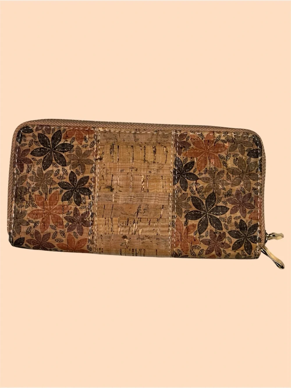 Cork Natural Brown Floral Zip Long Wallet